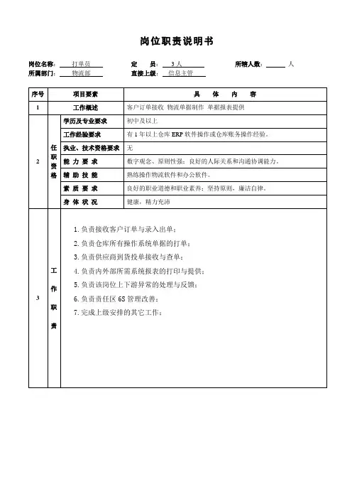 打单员岗位说明书