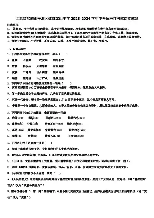 江苏省盐城市亭湖区盐城景山中学2023-2024学年中考适应性考试语文试题含解析