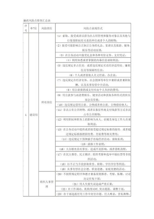 廉政风险点排查汇总表