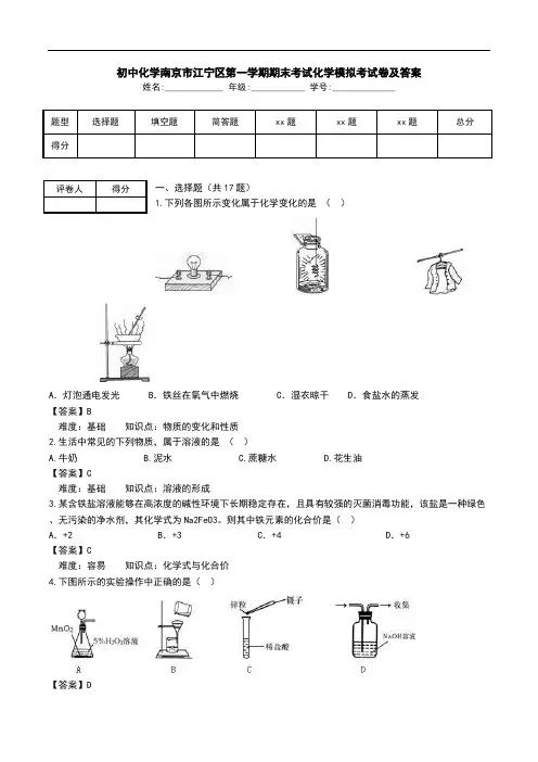初中化学南京市江宁区第一学期期末考试化学模拟考试卷及答案.doc