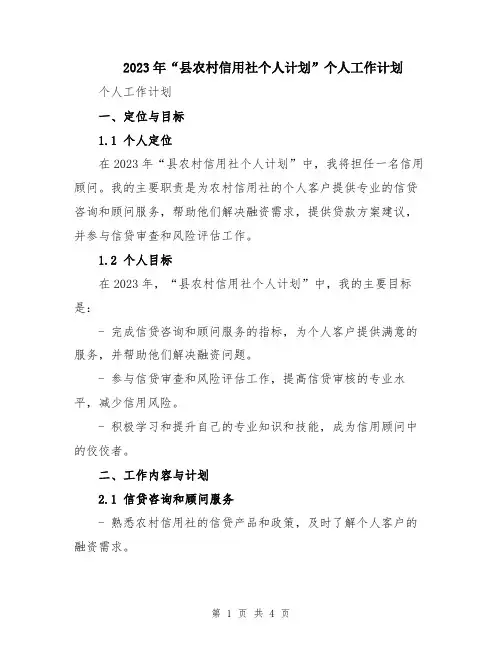 2023年“县农村信用社个人计划”个人工作计划