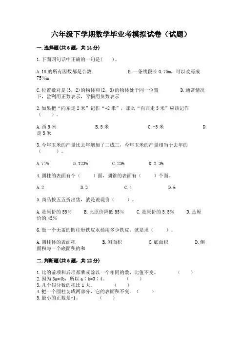 六年级下学期数学毕业考模拟试卷(试题)附参考答案(达标题)