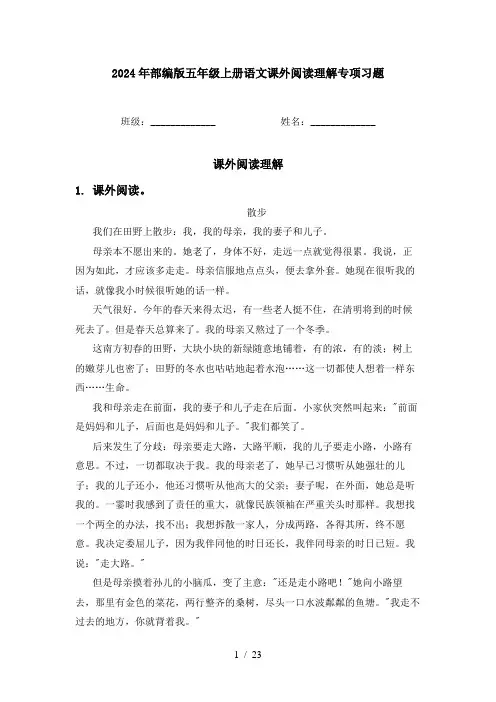 2024年部编版五年级上册语文课外阅读理解专项习题
