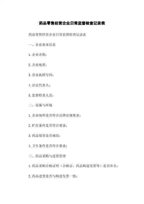 药品零售经营企业日常监督检查记录表