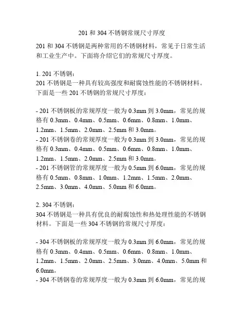 201和304不锈钢常规尺寸厚度