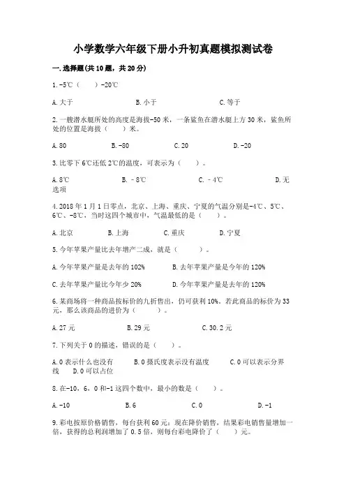 小学数学六年级下册小升初真题模拟测试卷附参考答案(综合卷)
