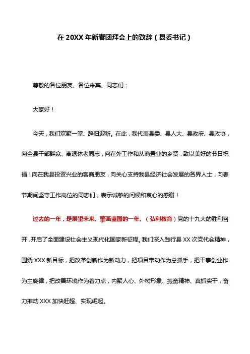 致辞：在20XX年新春团拜会上的致辞(县委书记)