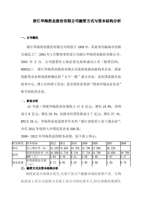 浙江华海药业股份有限公司融资方式与资本结构分析
