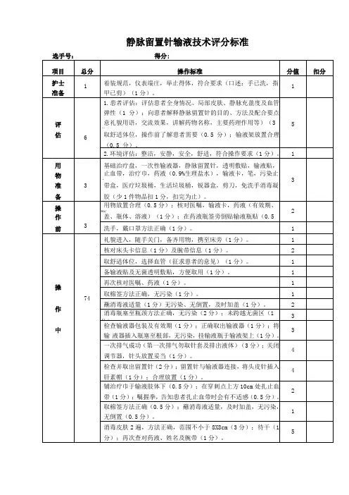 静脉留置针输液技术评分标准
