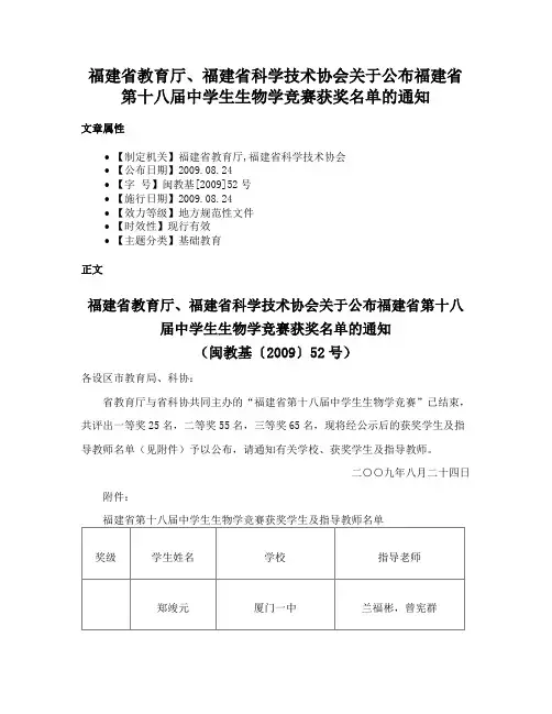 福建省教育厅、福建省科学技术协会关于公布福建省第十八届中学生生物学竞赛获奖名单的通知