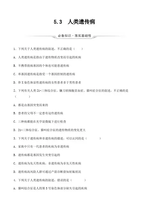 新教材高中生物人教版2019必修二 课时作业 人类遗传病(原卷版)