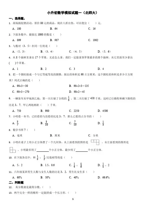 01小升初数学模拟试题一(北师大)(含答案+解析)