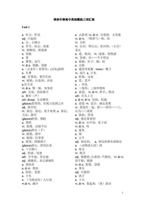 默写测试用最新牛津译林版高中英语模块三词汇表