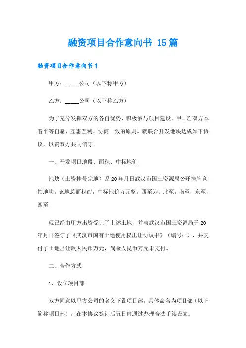 融资项目合作意向书 15篇