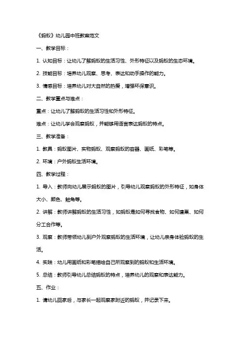 《蚂蚁》幼儿园中班教案范文