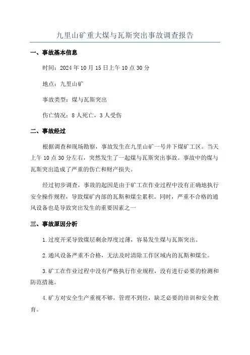 九里山矿重大煤与瓦斯突出事故调查报告