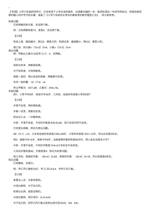 小学六年级毕业考试中最易考的数学题型汇总
