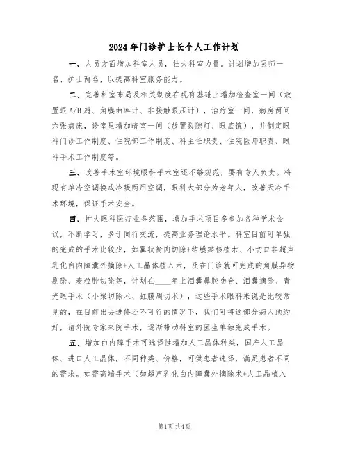 2024年门诊护士长个人工作计划（二篇）