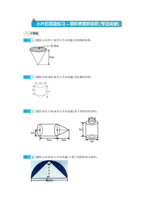小升初真题复习-面积表面积体积(专项突破)-小升初数学计算问题重难点特训真题专项汇编(通用版)