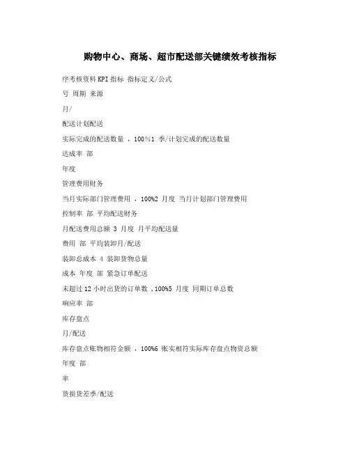 购物中心、商场、超市配送部关键绩效考核指标