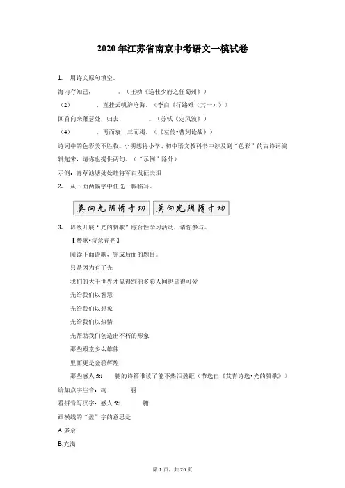 2020年江苏省南京中考语文一模试卷(附解析)