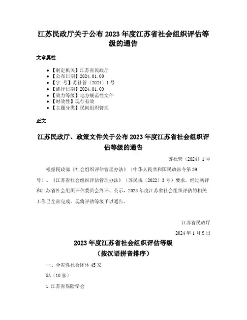 江苏民政厅关于公布2023年度江苏省社会组织评估等级的通告
