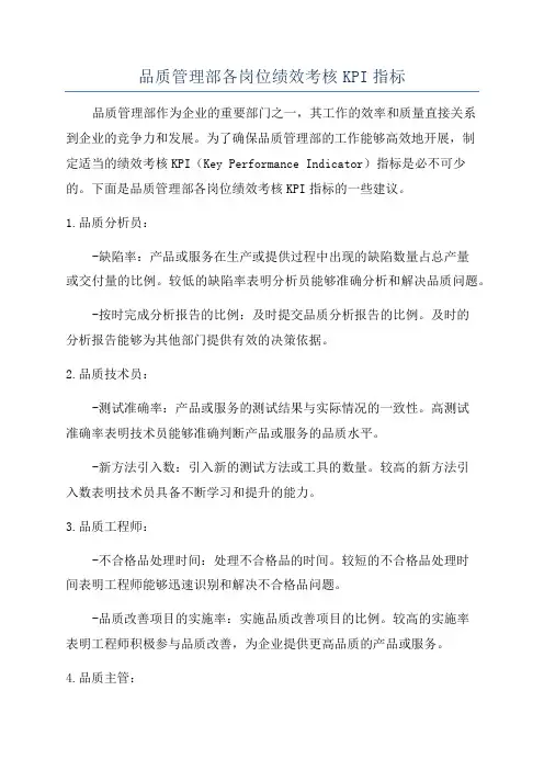品质管理部各岗位绩效考核KPI指标