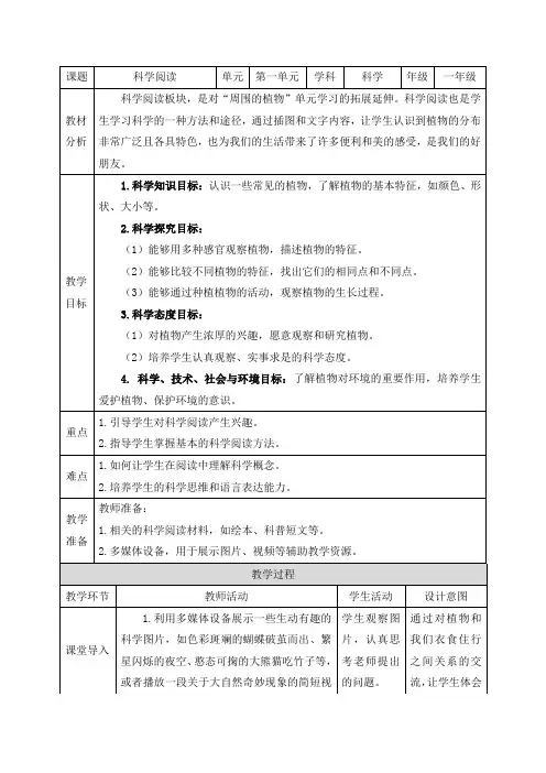 教科版(2024)一年级科学上册第一单元《第一单元 科学阅读》精品教案
