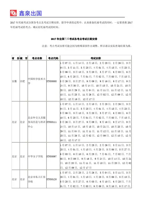 2017年托福考试全国各考点及考试日期安排汇编