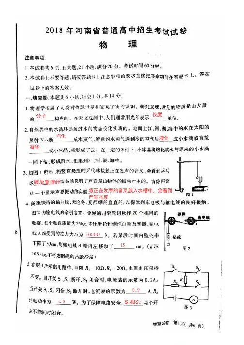 【答案版】2018年河南省普通高中招生考试(中考)物理试卷(扫描)