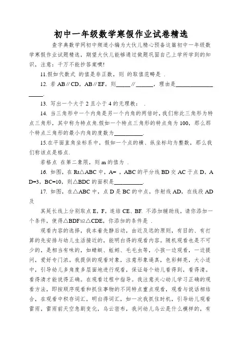 初中一年级数学寒假作业试卷精选