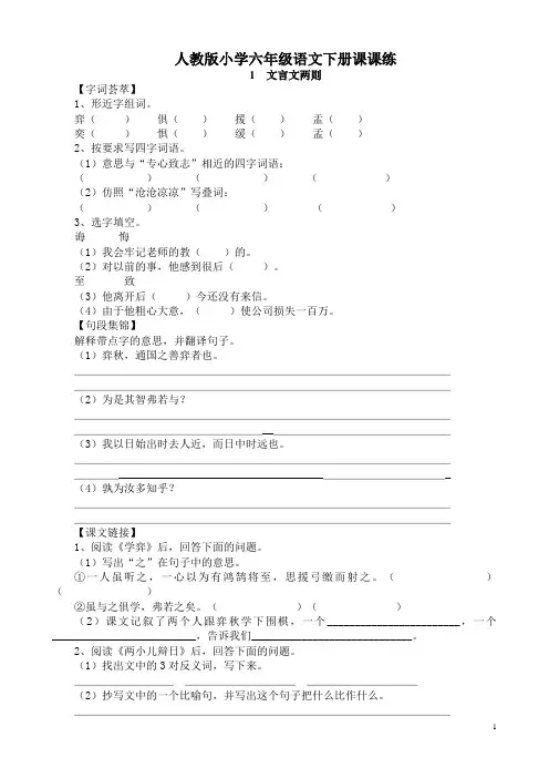 人教版小学六年级语文下册全册课课练(附答案)
