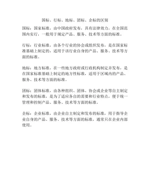 国标、行标、地标、团标、企标的区别