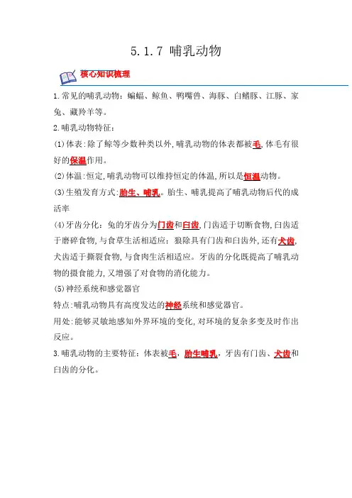 哺乳动物-2022-2023学年八年级生物上册课后培优分级练(人教版)(解析版)