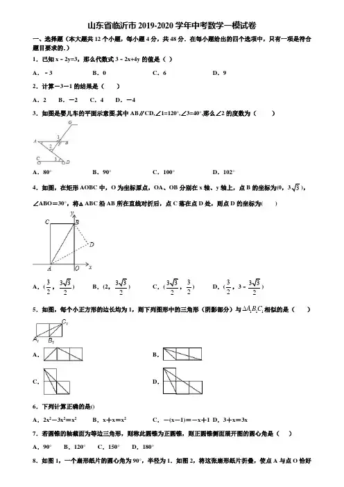 山东省临沂市2019-2020学年中考数学一模试卷含解析