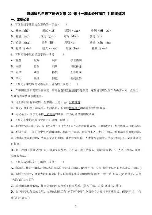 部编版八年级下册语文第 20 课《一滴水经过丽江 》同步练习(含答案)
