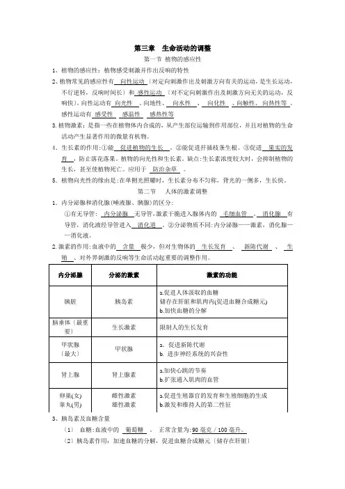 八年级上册第三章生命活动的调节知识点