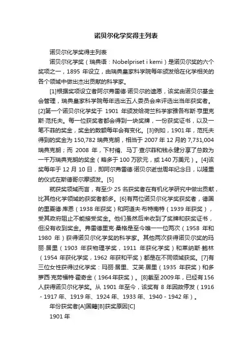 诺贝尔化学奖得主列表
