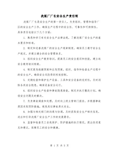 洗煤厂厂长安全生产责任制（3篇）
