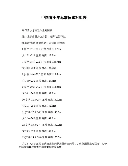 中国青少年标准体重对照表