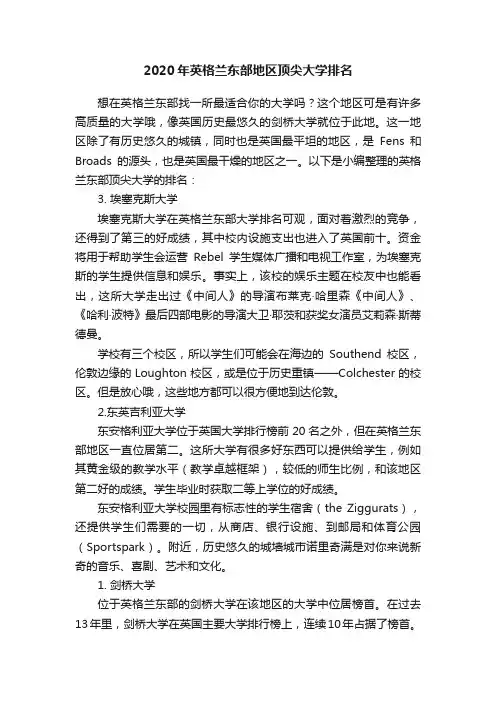 2020年英格兰东部地区顶尖大学排名