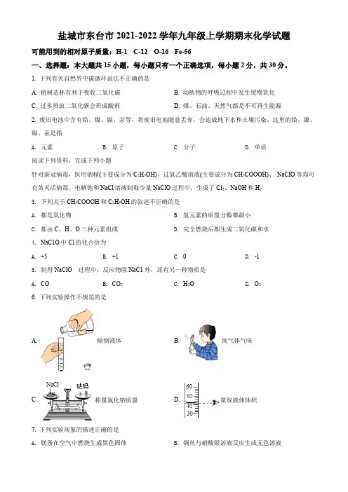 盐城市东台市2021-2022学年第一学期九年级化学期末试题(含解析)