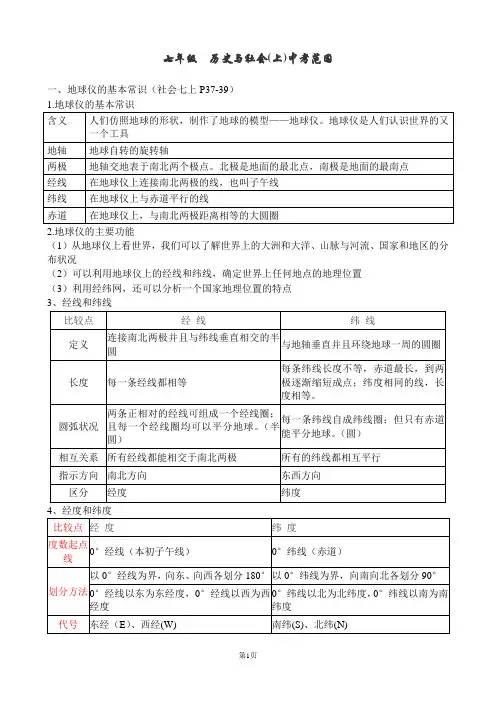 初一年级《历史与社会》上册中考范围