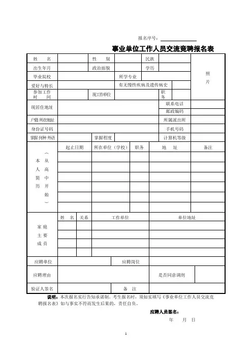 事业单位工作人员交流竞聘报名表