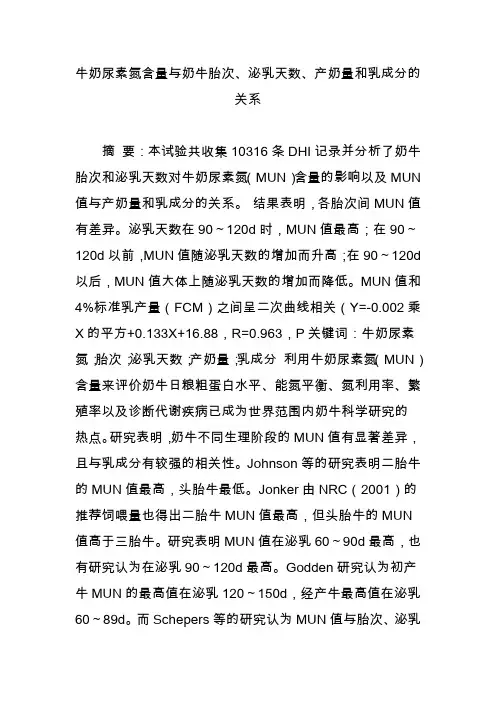牛奶尿素氮含量与奶牛胎次、泌乳天数、产奶量和乳成分的关系