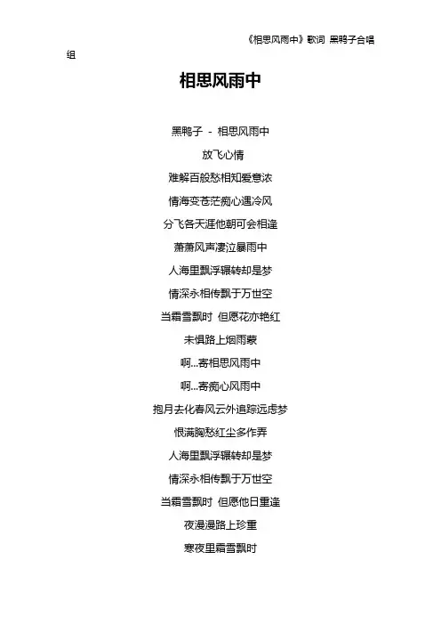 《相思风雨中》歌词 黑鸭子合唱组
