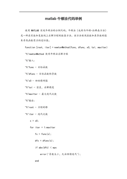 matlab牛顿法代码举例