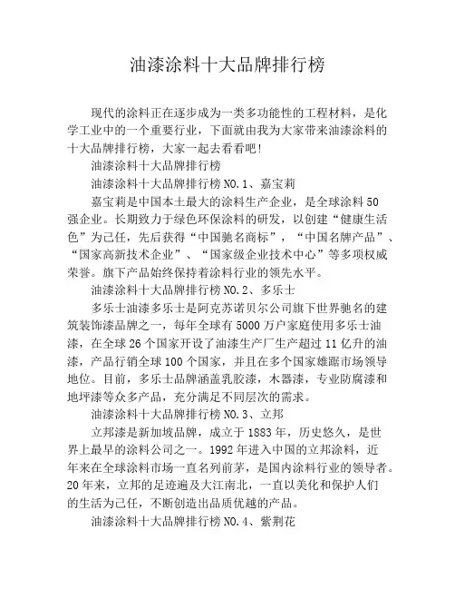 油漆涂料十大品牌排行榜