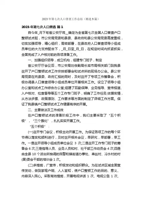 2023年第七次人口普查工作总结（精选9篇）
