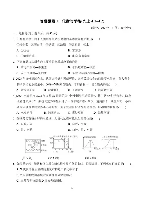 2024年浙教版九年级科学阶段微卷11 代谢与平衡(九上4. 1～4. 2)